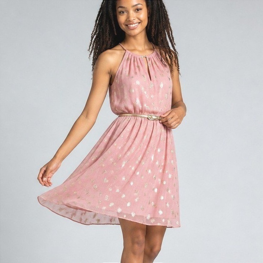 Vintage Blush Pink Gold Foil Polka Dot Halter Dress Sleeveless Lining Belted